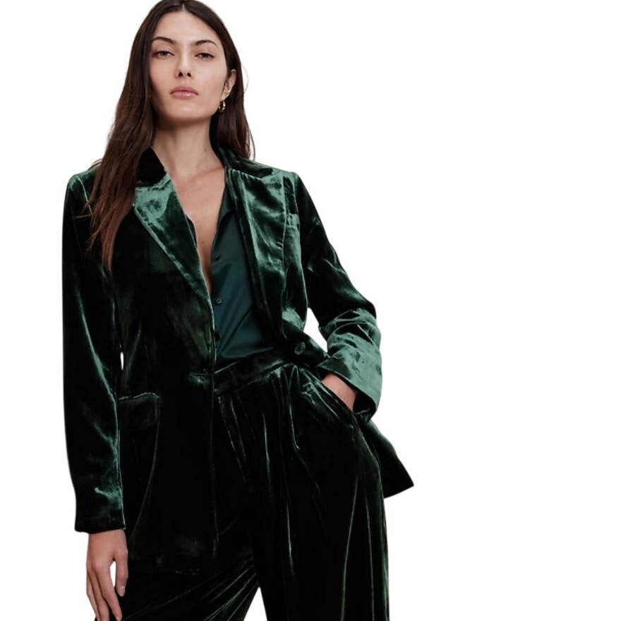 Nwt Banana Republic Alyse Relaxed Velvet Blazer & Pleated Pant Juniper Green 4